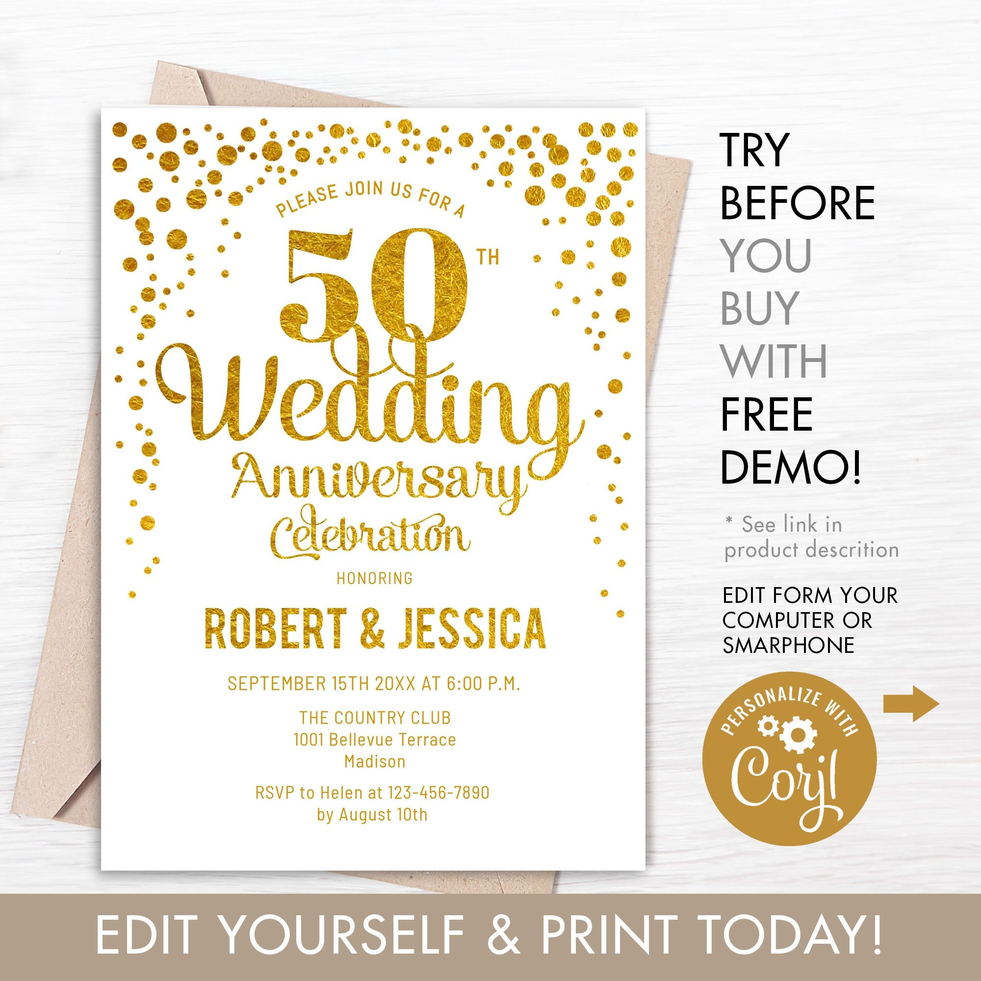 50th Wedding Anniversary Party Invitation INSTANT DOWNLOAD Digital 