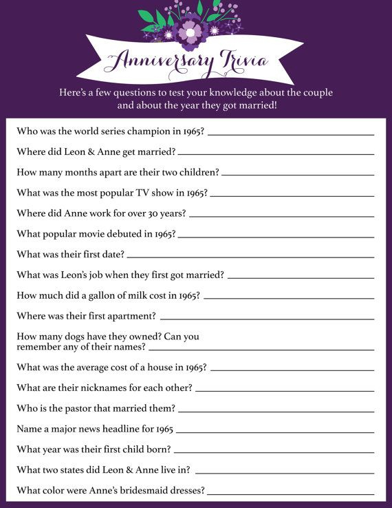 Anniversary Trivia Anniversary Party Game 50th Anniversary Trivia 