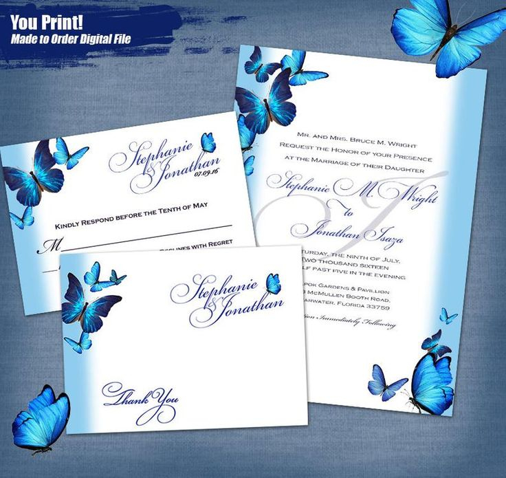 Blue Butterflies Wedding Invitation Set Digital Printable Etsy 