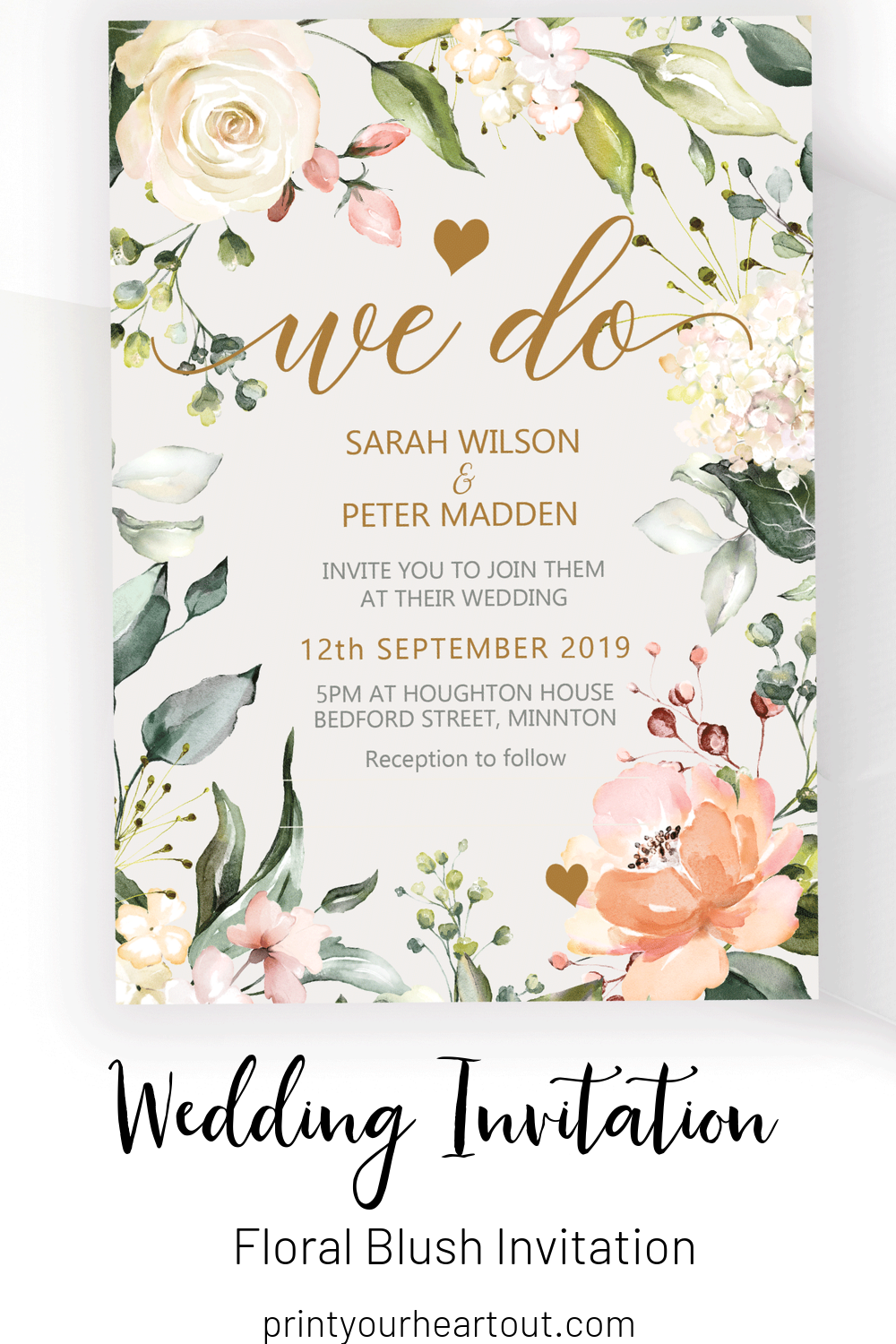 Blush Pink Floral Wedding Invitation Gold Text With Pretty Botanical 