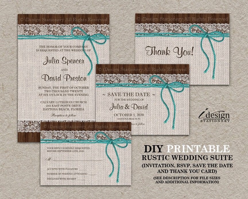 DIY Printable Rustic Turquoise Wedding Invitation Kit With