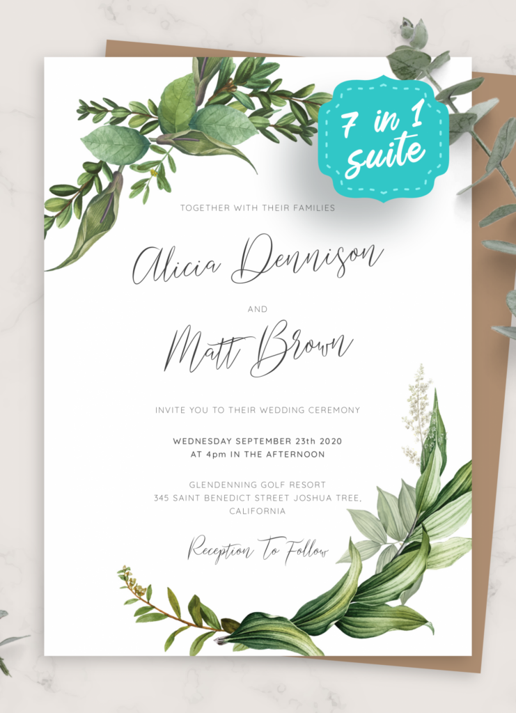 Download Printable Green Floral Wedding Invitation Suite PDF