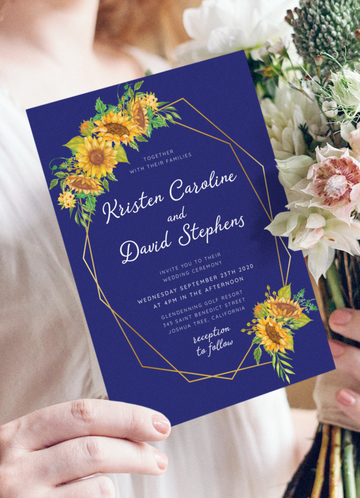 Download Printable Royal Blue Sunflower Wedding Invitation PDF