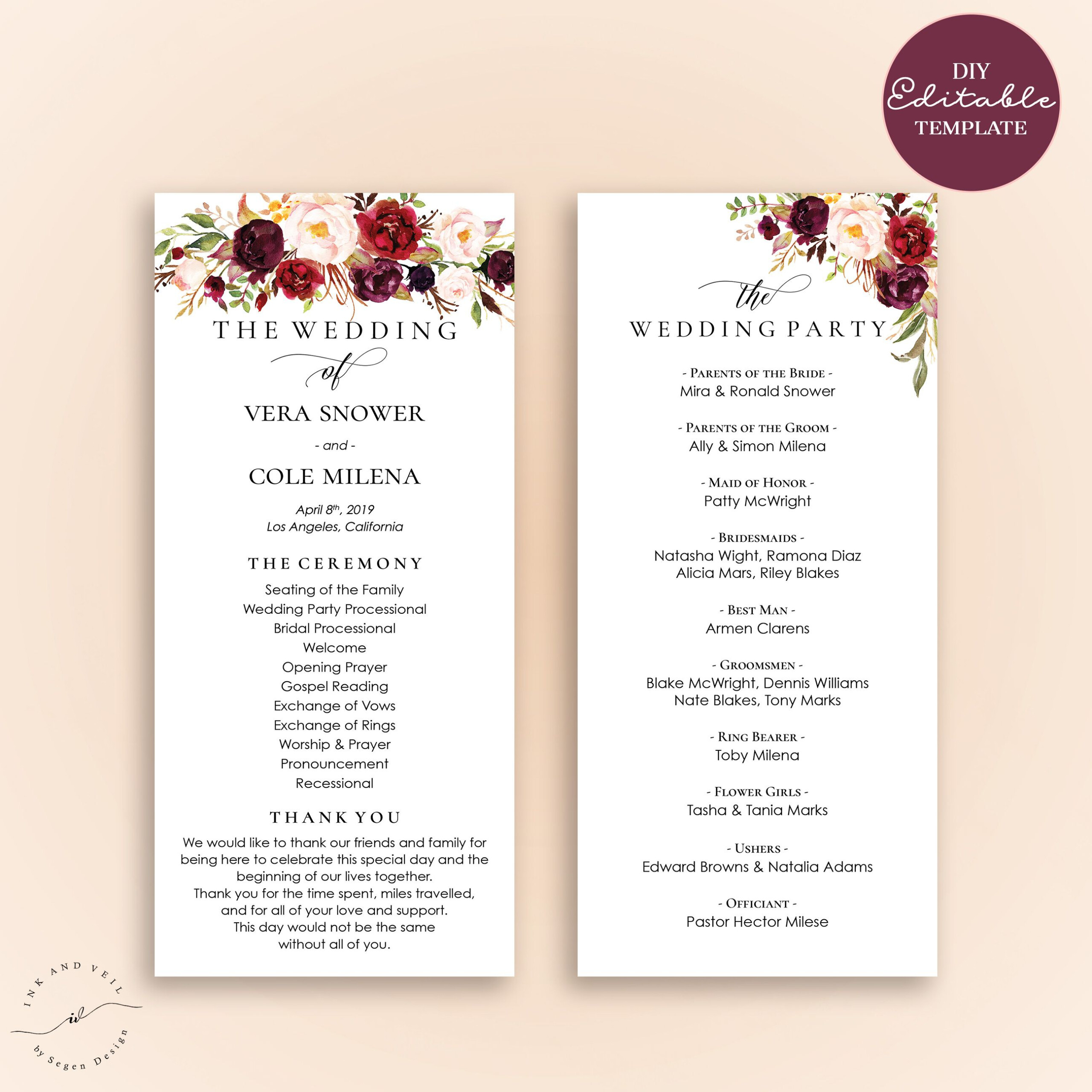 Editable Wedding Program Template Order Of Ceremony Template Etsy 