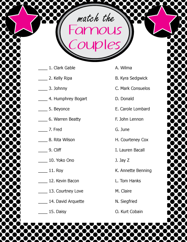 Famous Couples Bridal Shower Game Print Right From Home Couples 
