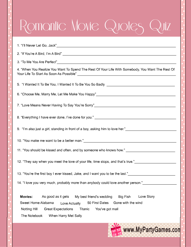 Free Printable Bridal Shower Romantic Movie Quotes Quiz Romantic 