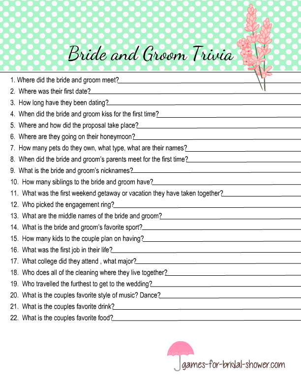 Free Printable Bride And Groom Trivia Quiz