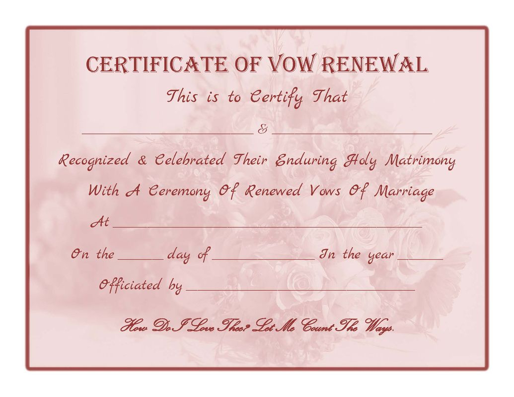 Free Printable Vow Renewal Certificate Bouquet Red Tint Vows Wedding 