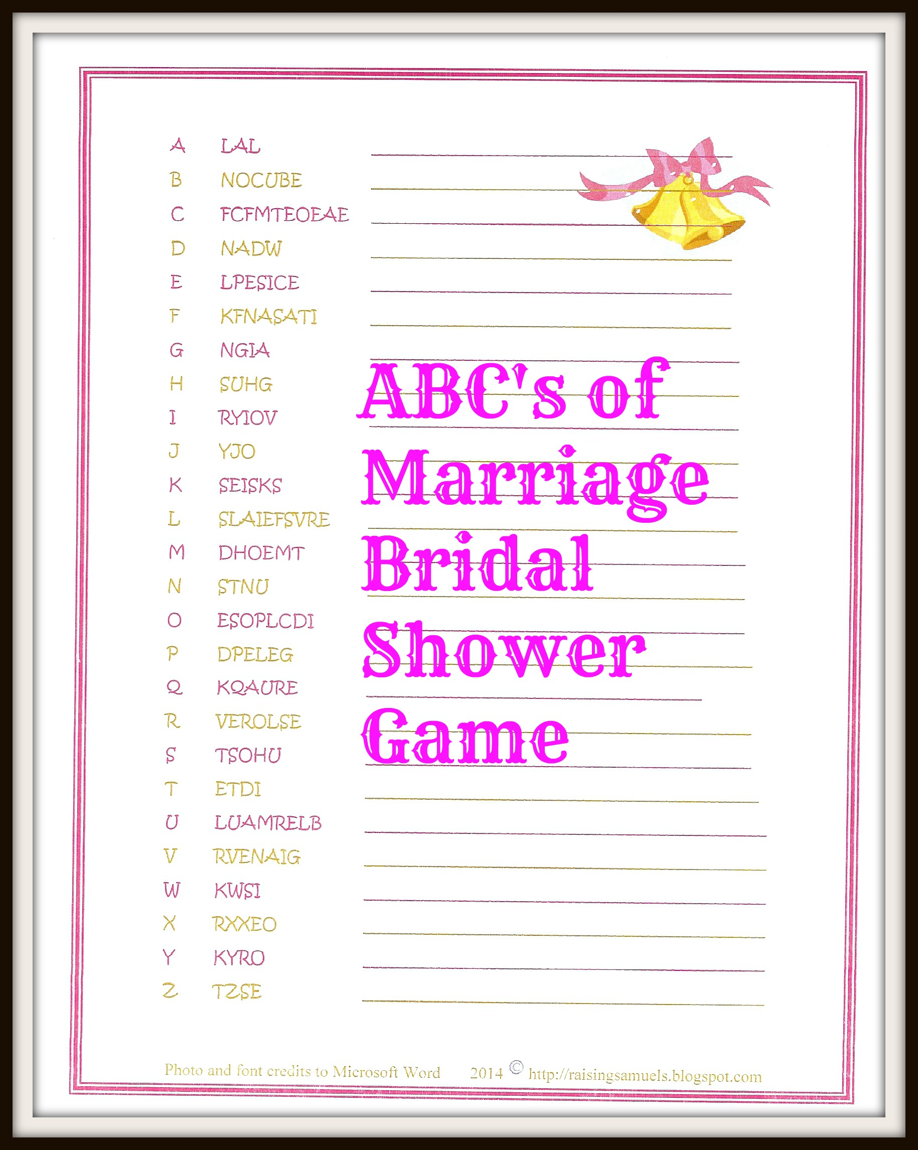 Freebie The ABC s Of Marriage Bridal Shower Game Satisfaction 