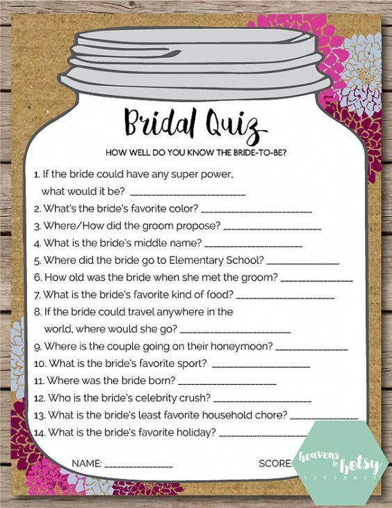 Mason Jar Bridal Quiz Bridal Shower Wedding Game Mason Jar Bridal 