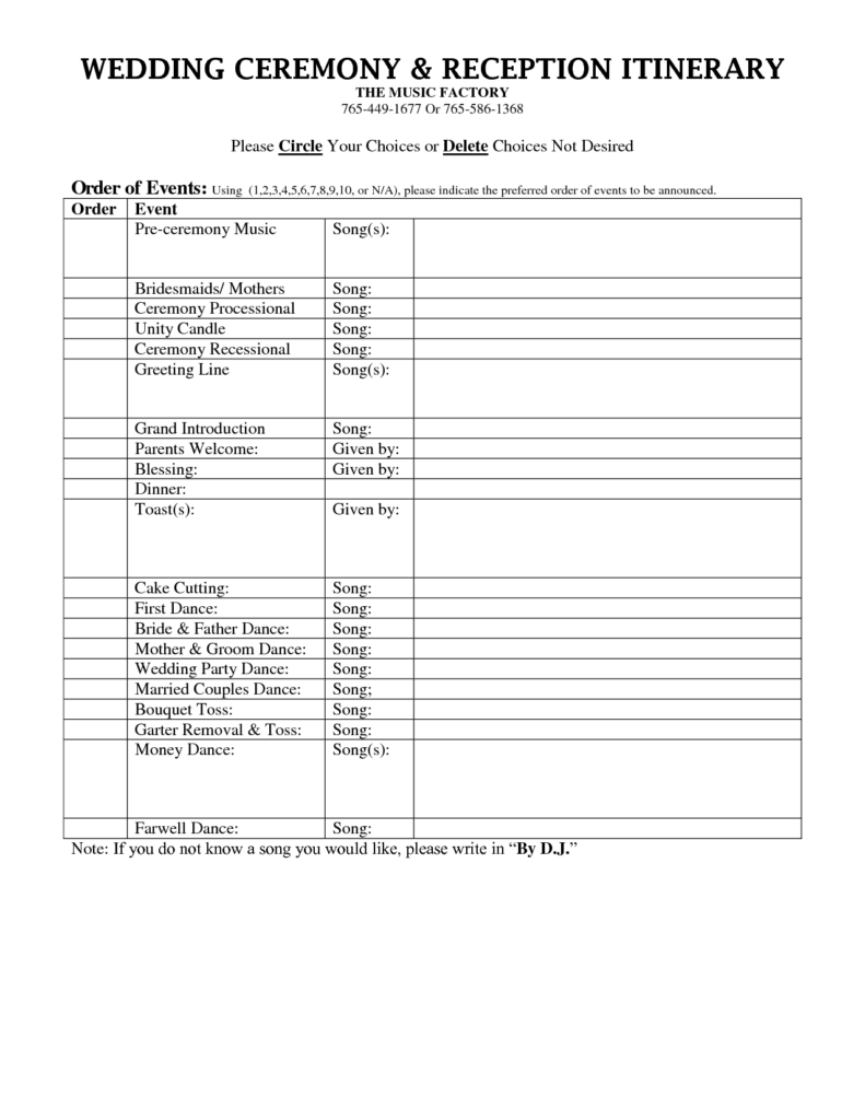 Outline For Formal Wedding Itinerary Wedding DJ Reception Itinerary 