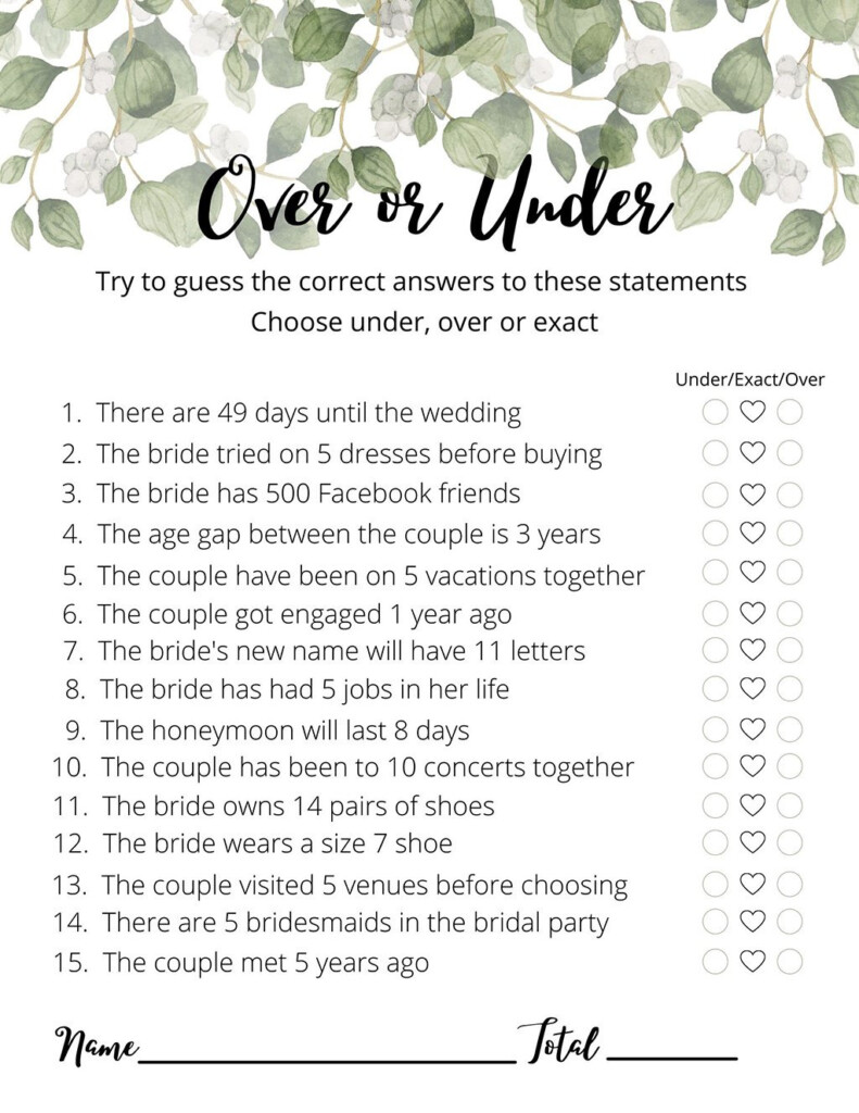 Over Or Under Bridal Shower Game Free Printable 