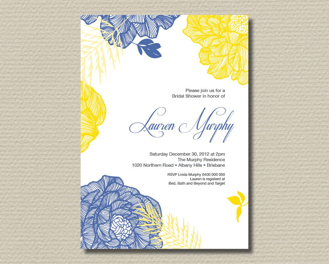 Printable Bridal Shower Invitation Royal Blue And Yellow Retro