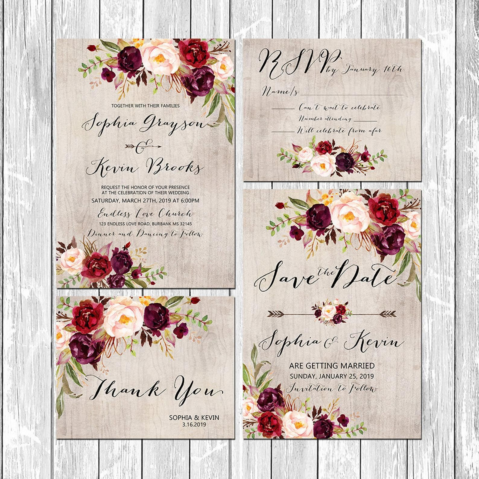 Printable Rustic Wedding Burgundy Purple Pink Invitation Set Wood 