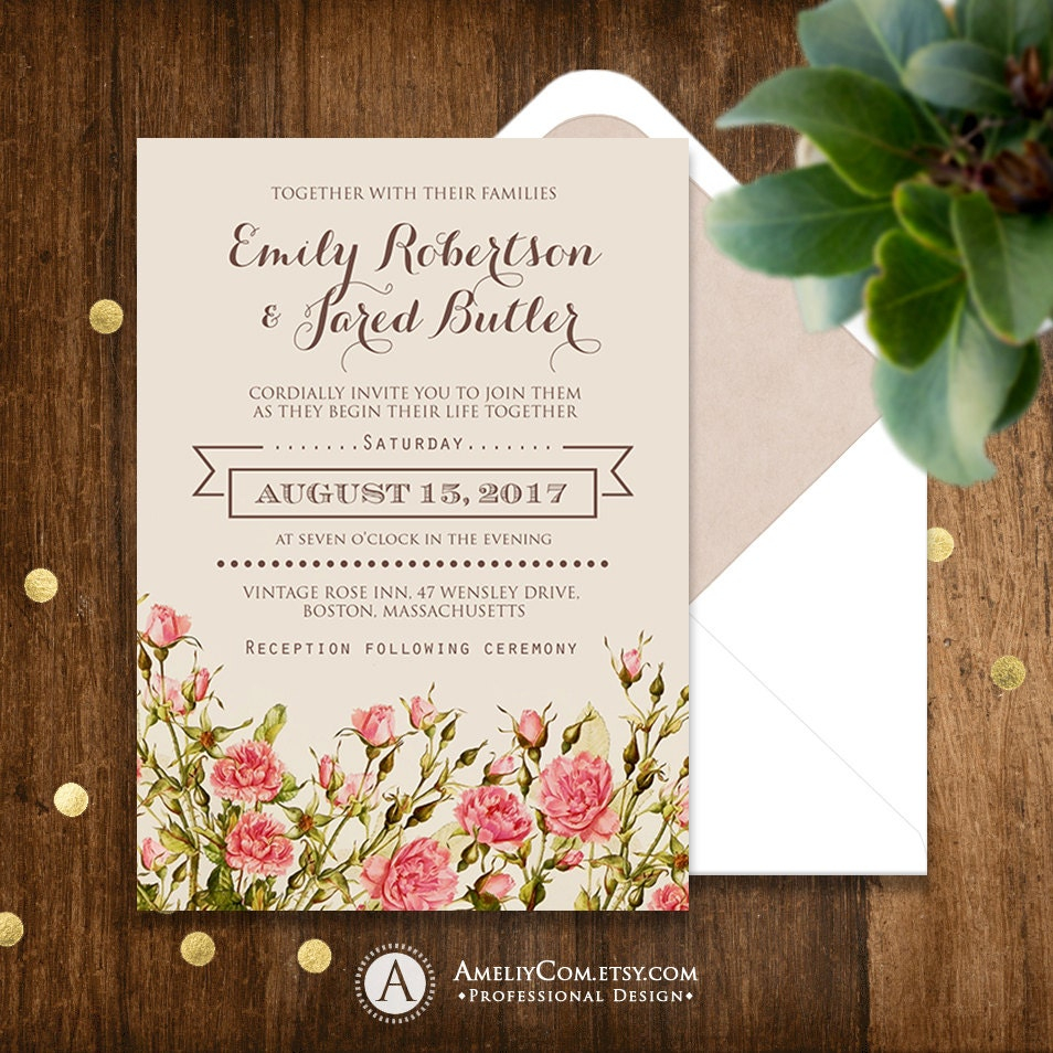 Printable Rustic Wedding Invitation Pink Roses Shabby Chic