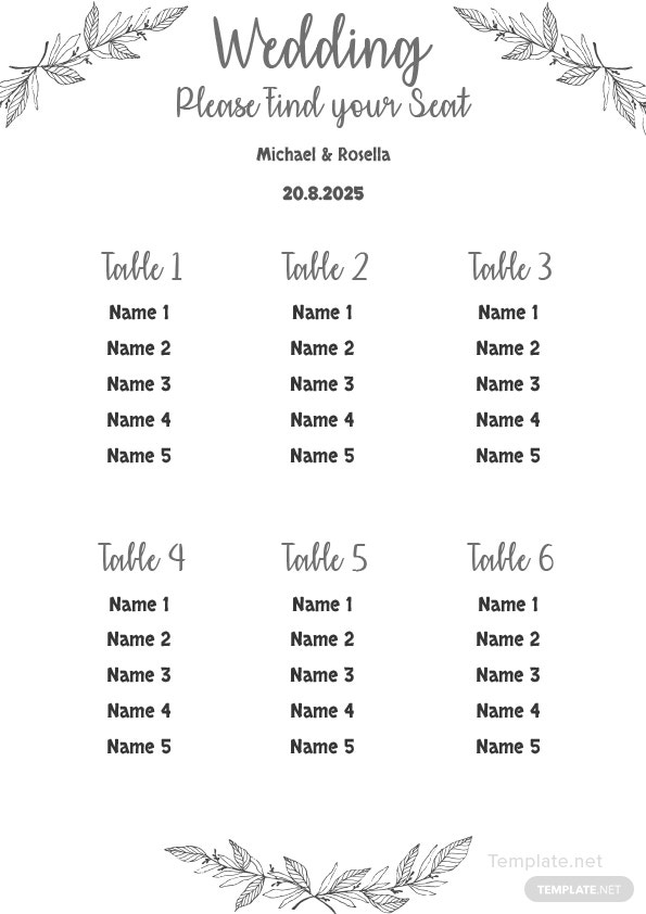 Printable Wedding Seating Chart Template In Microsoft Word Template