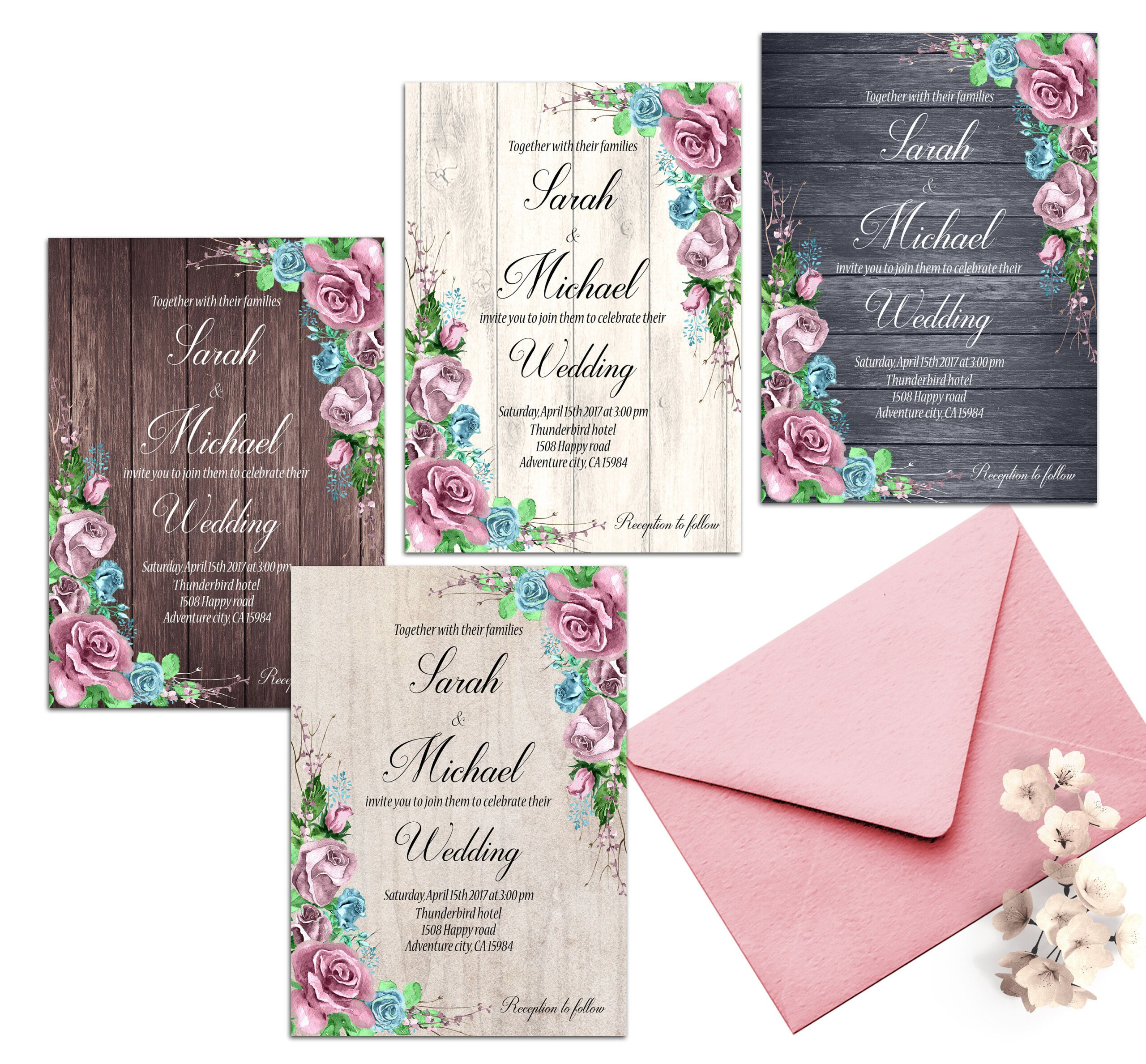 Rustic Wedding Invitation Printable Set Dusty Blue Blush Pink Rose 