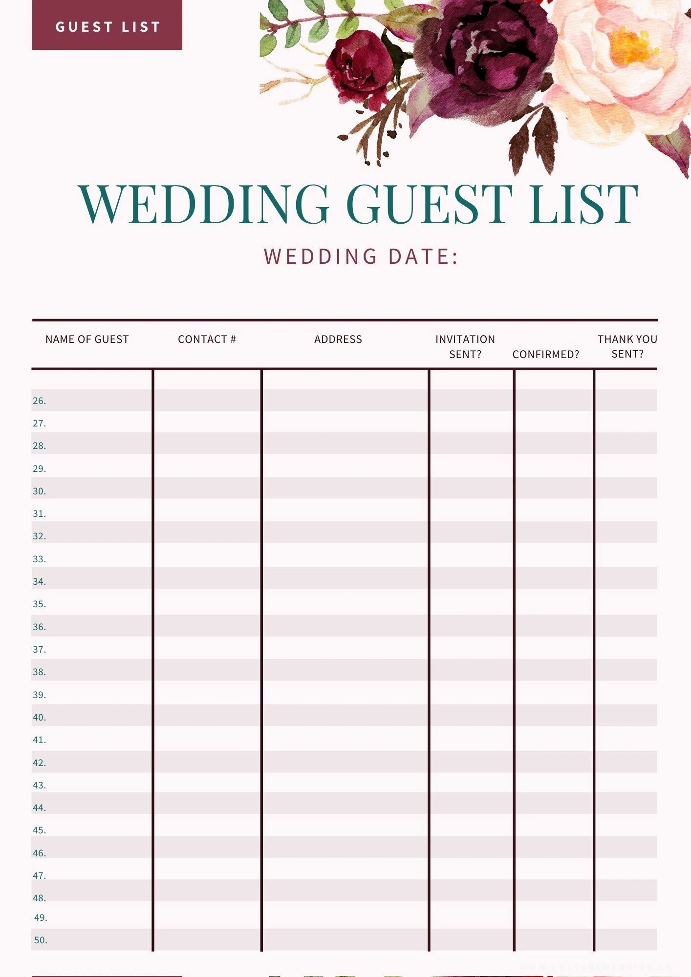 Simple Wedding Guest List Worksheet 5 Pages Wedding Guest List