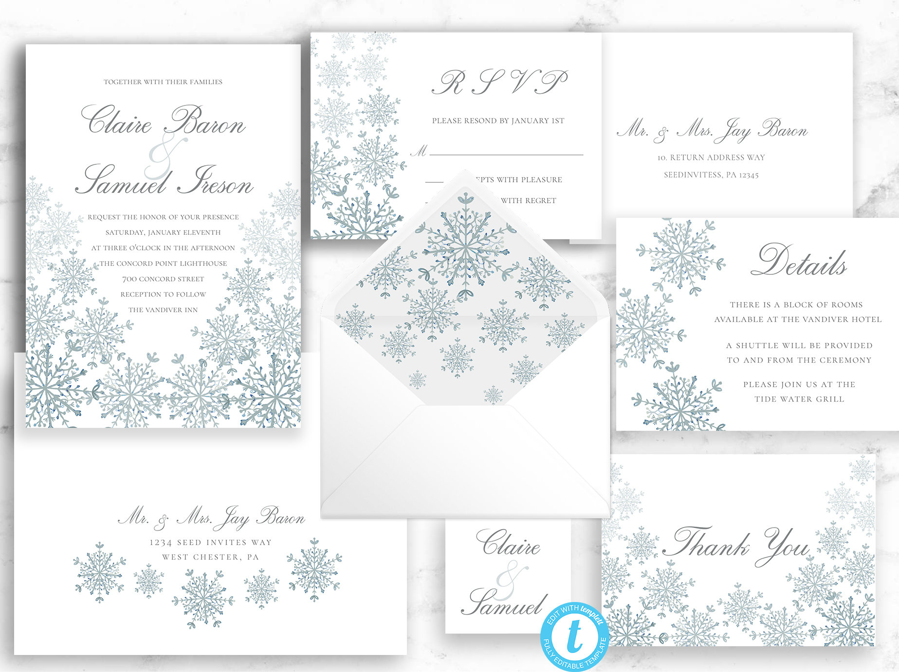 Snowflake Wedding Invitation Template Winter Wedding Invite Printable