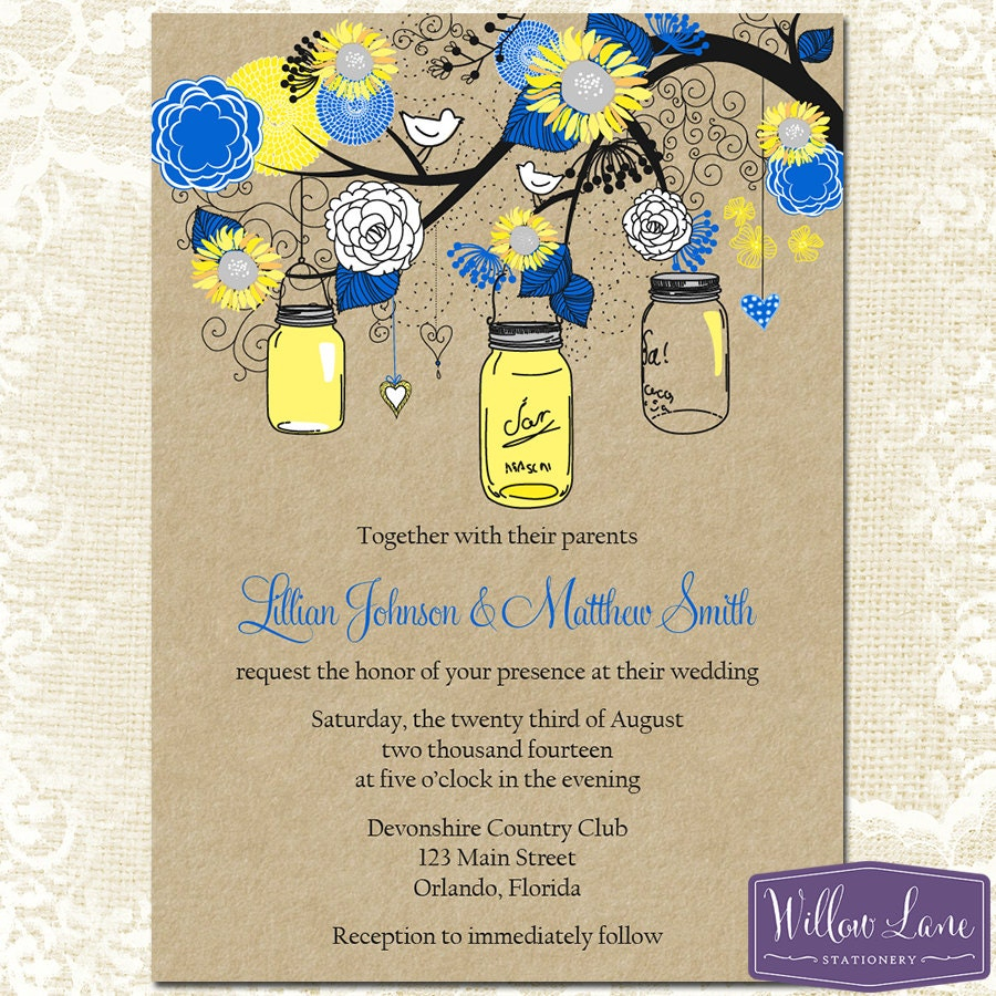 Sunflower Mason Jar Wedding Invitation Royal Blue Yellow Kraft Paper 