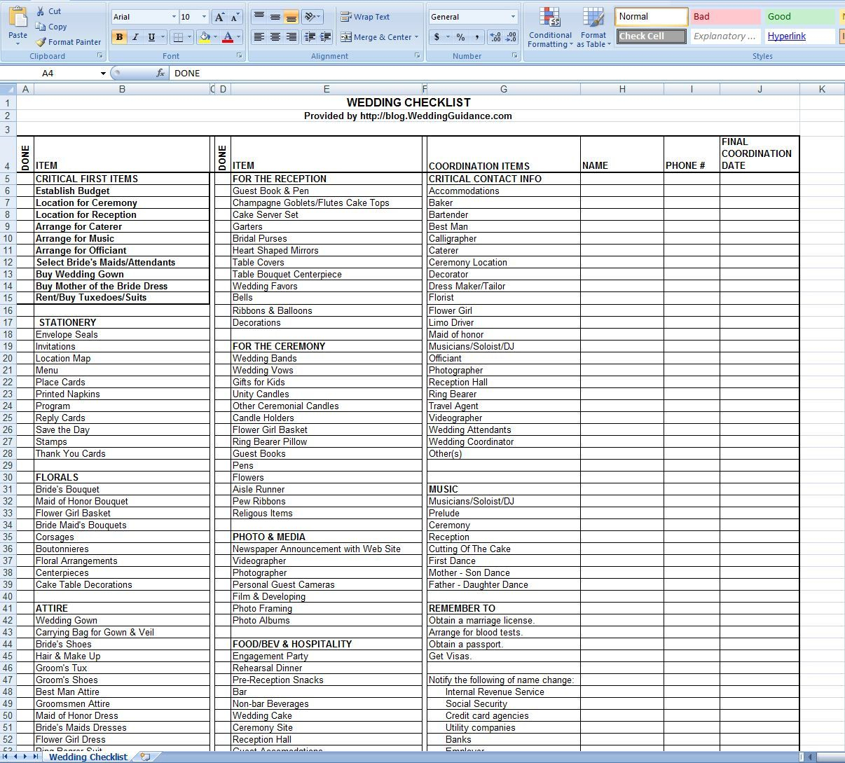 Wedding Checklist Free Excel Template Wedding Checklist Template