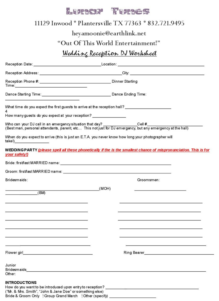 Wedding Dj Worksheet And Checklist Worksheet