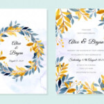 Wedding Invitation Card With Blue Yellow Leaves Watercolor In 2020