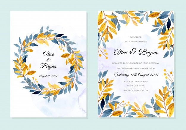 Wedding Invitation Card With Blue Yellow Leaves Watercolor In 2020 