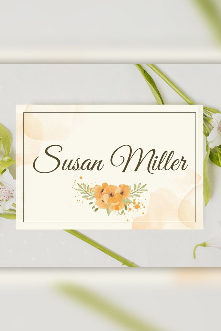 Wedding Name Card Template With Watercolor Orange Flowers Digital