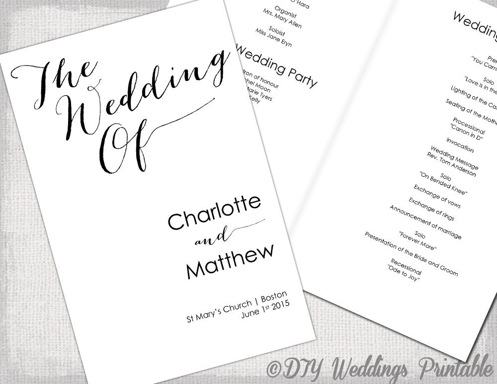 Wedding Program Template Calligraphy Black White Printable