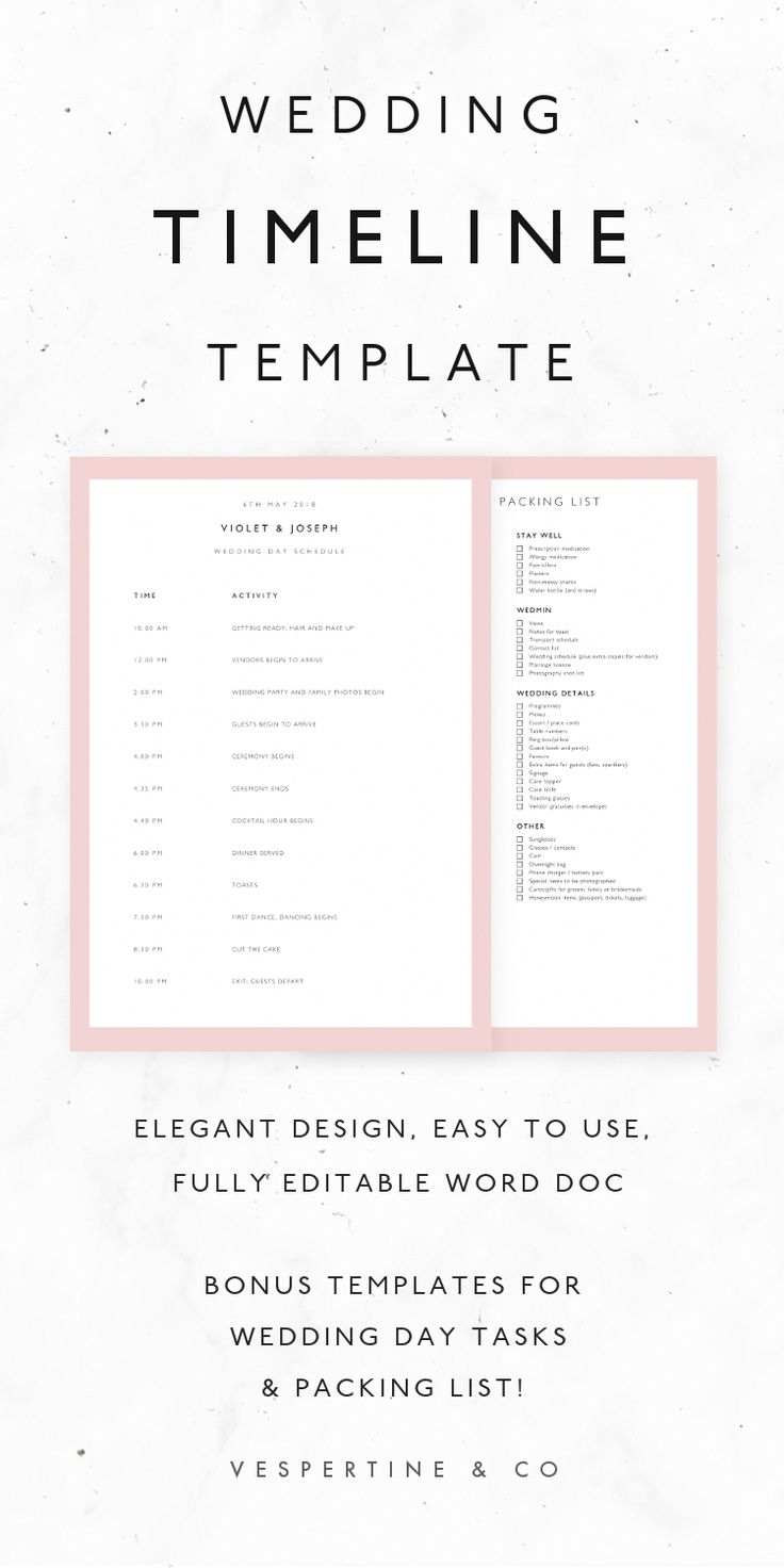 Wedding Timeline Template Wedding Schedule Template Editable 