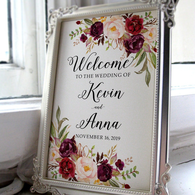 Welcome Wedding Sign Printable Wedding Sign Burgundy Purple Etsy