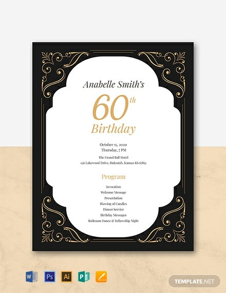 60th Birthday Program Template Illustrator Word Apple Pages PSD 