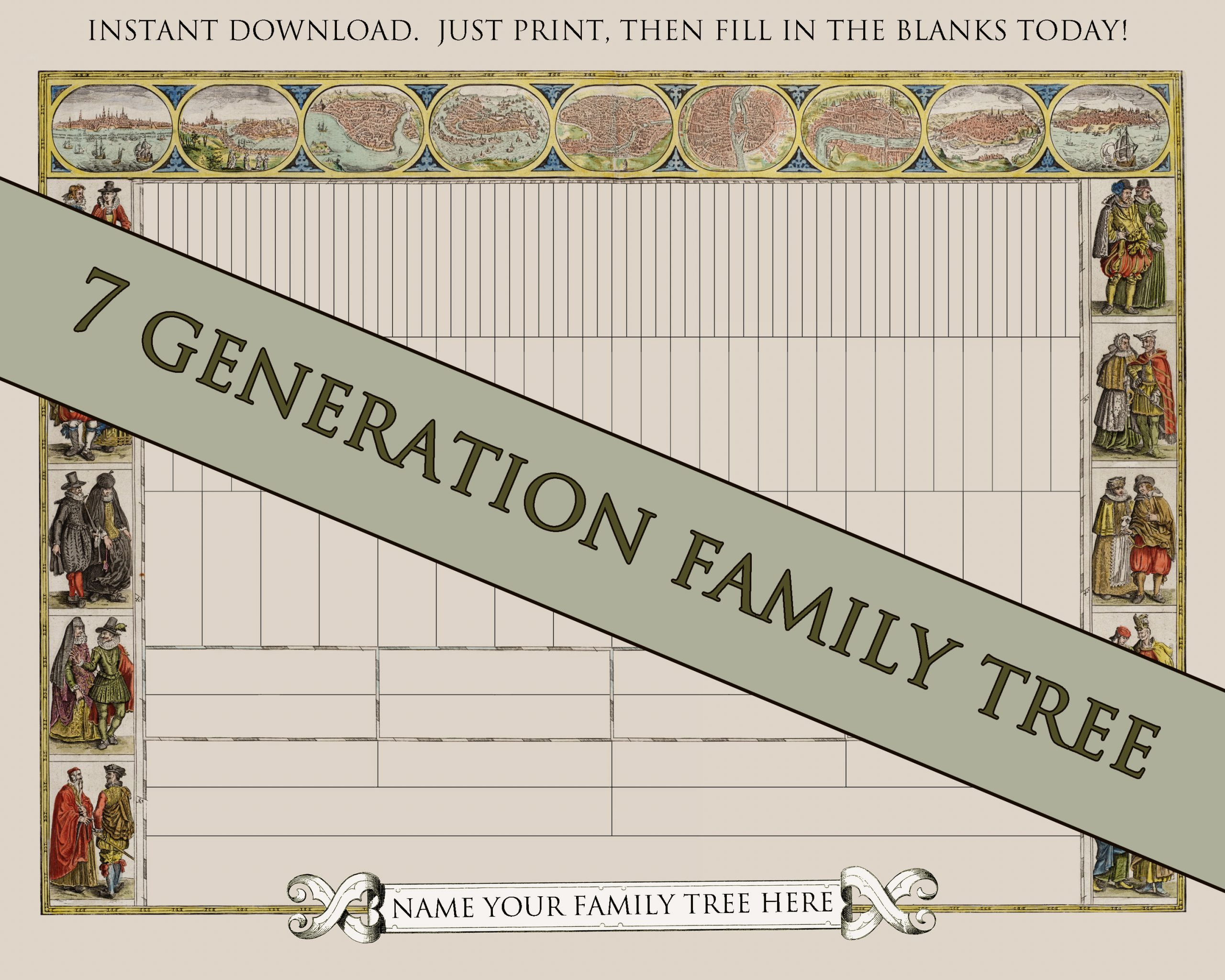 7 GENERATION Printable Genealogy Chart Family Tree Artwork Historic