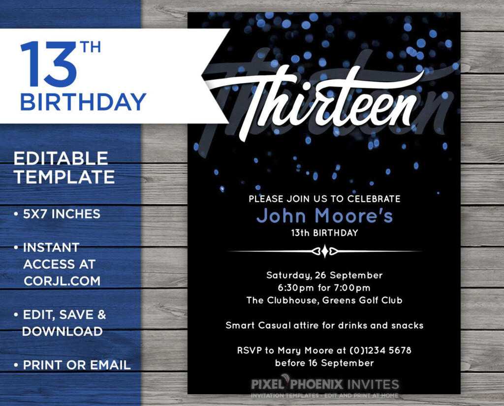 Blue 13th Birthday 13th Birthday Invitation 13 Years Old 13th 