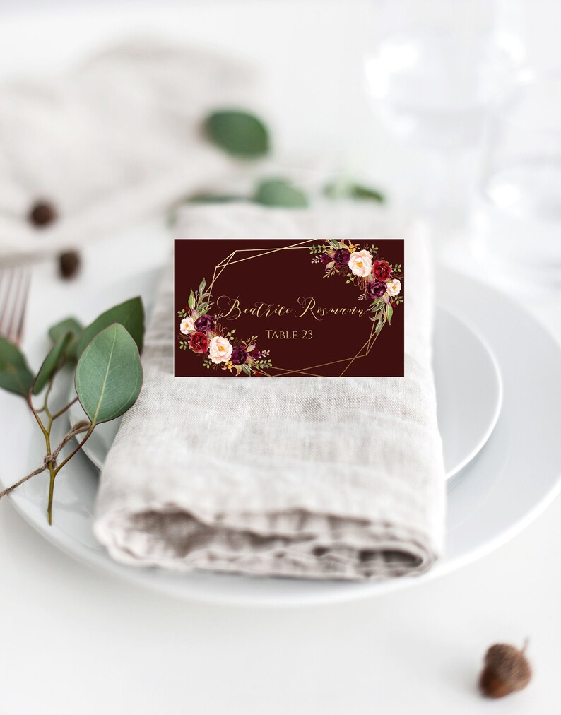 Burgundy Place Card Template Seating Card Printable Wedding Etsy