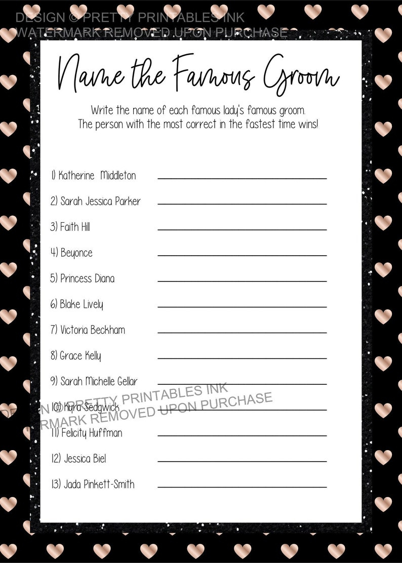 Celebrity Couples Quiz Printable Famous Couples Bridal Etsy