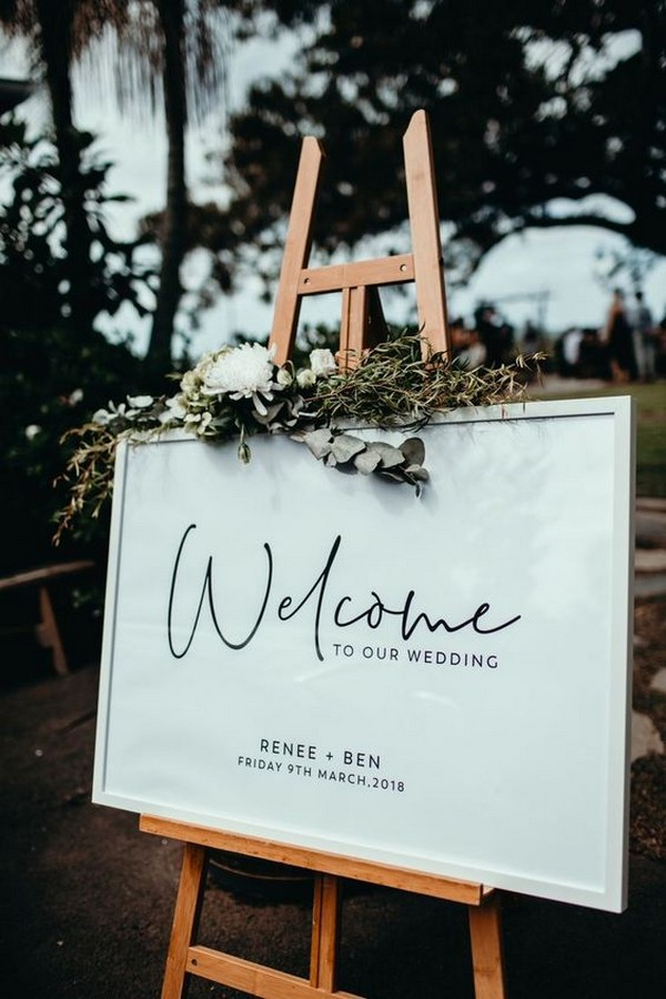 Chic Simple White Greenery And Black Wedding Welcome Sign 