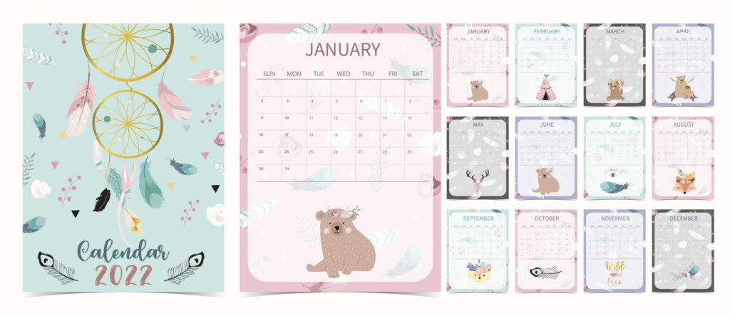 Cute 2022 Table Calendar Week Start On Sunday With Bear Cub That Use 