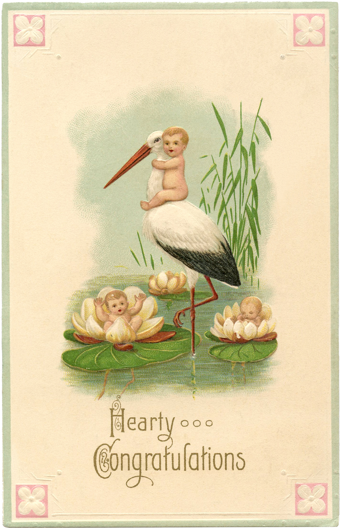 Cute Vintage Stork Card With Babies The Graphics Fairy