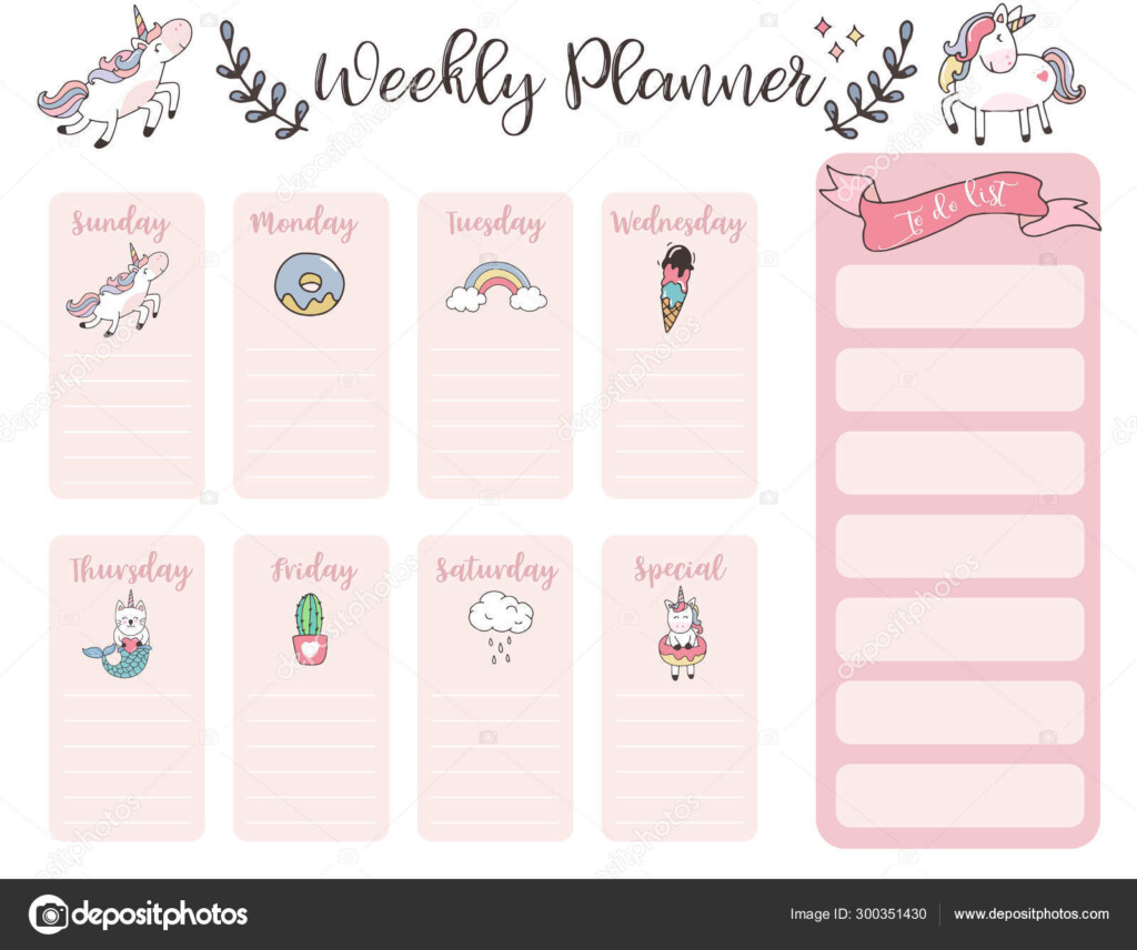 Cute Weekly Planner Background With Unicorn rainbow ice Cream cl Stock 