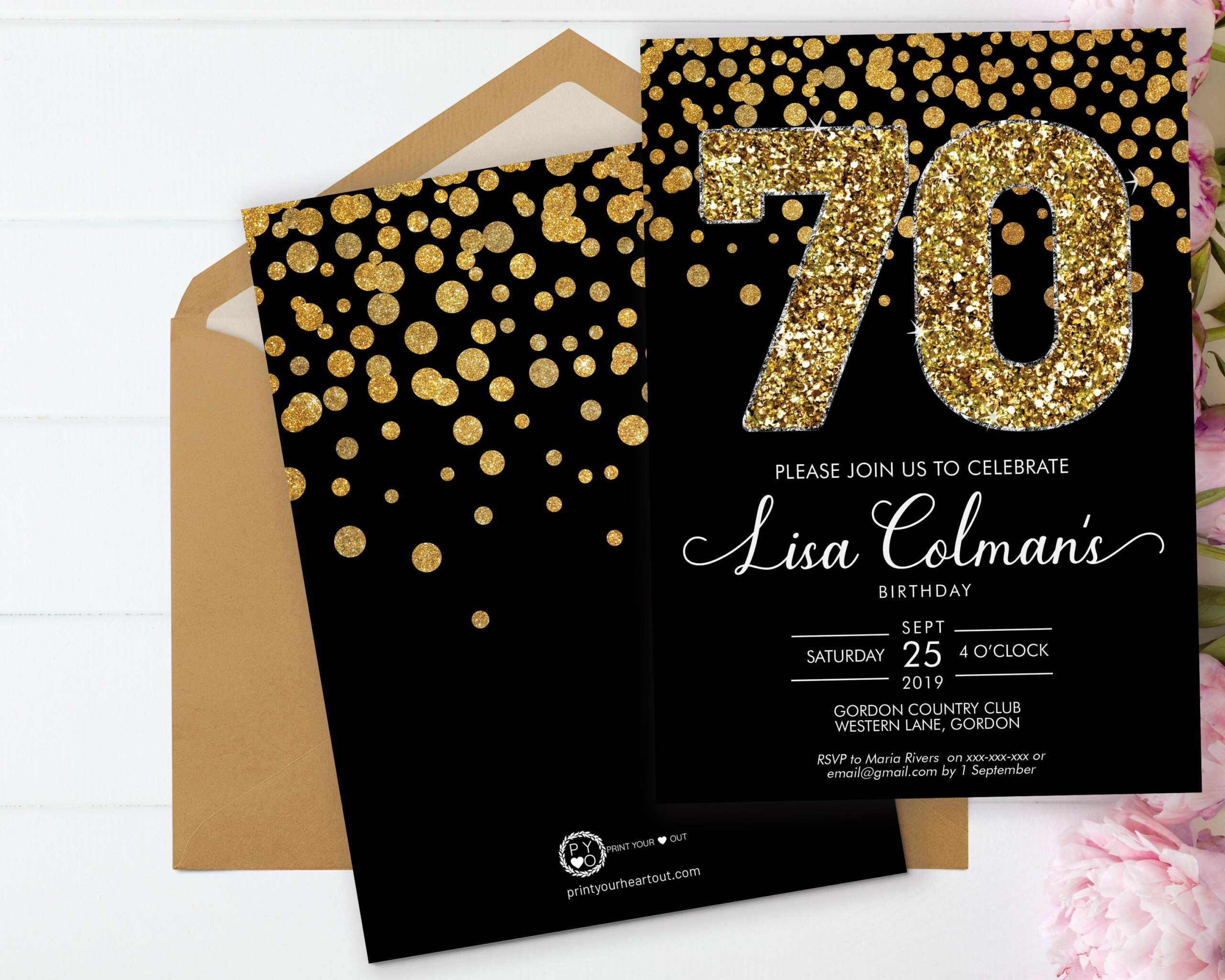 DIY 70th Birthday Confetti Invitation Printable Template Black Gold 