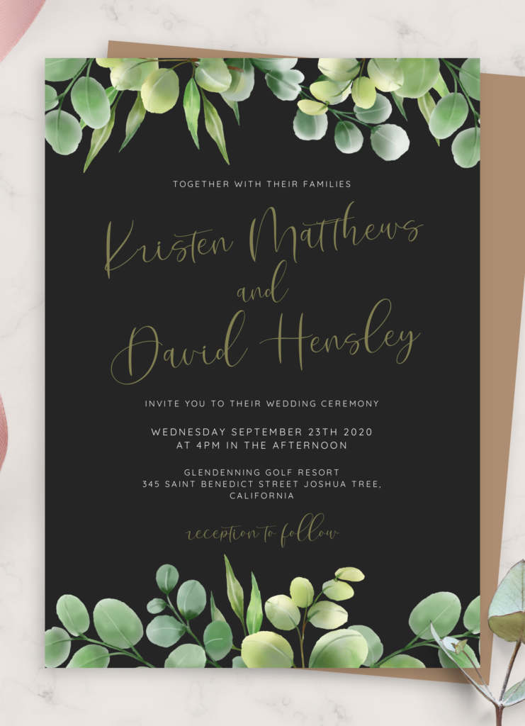 Download Printable Black Eucalyptus Greenery Wedding Invitation PDF