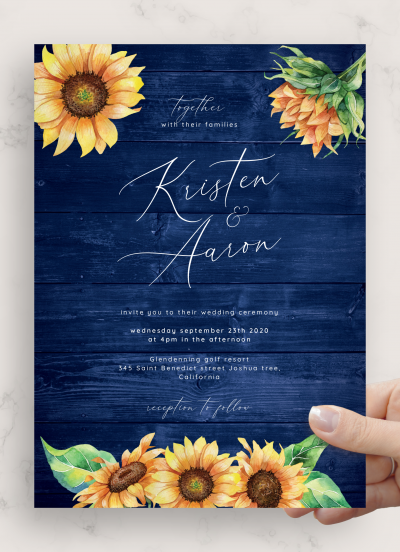 Download Printable Navy Blue Wood Sunflower Wedding Invitation PDF