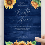 Download Printable Navy Blue Wood Sunflower Wedding Invitation PDF