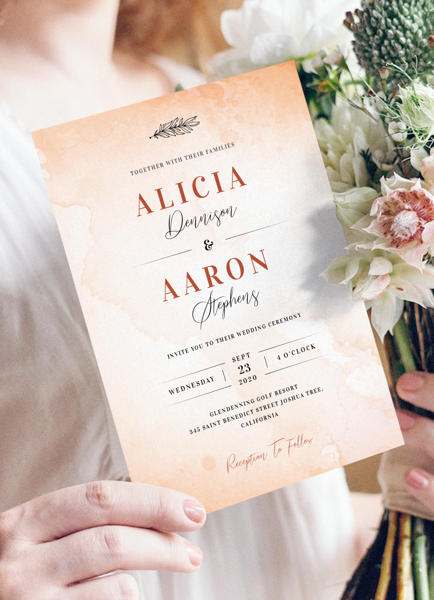 Download Printable Peach Splash Watercolor Wedding Invitation PDF