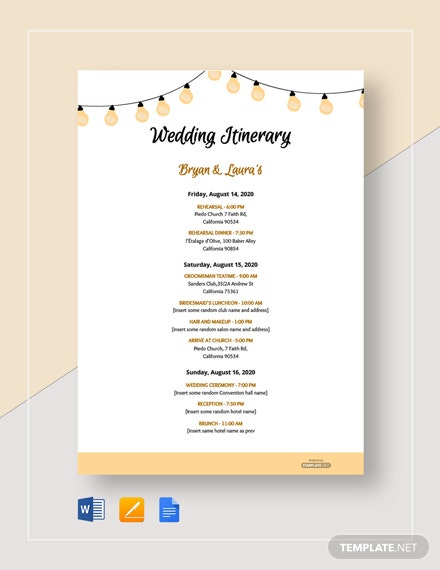 Free Sample Wedding Itinerary Template Download Undefined Itinerary