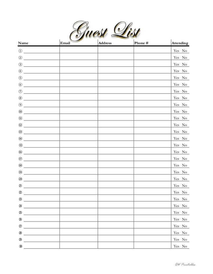 Guest List Event Planning Printable Wedding Guest List Template