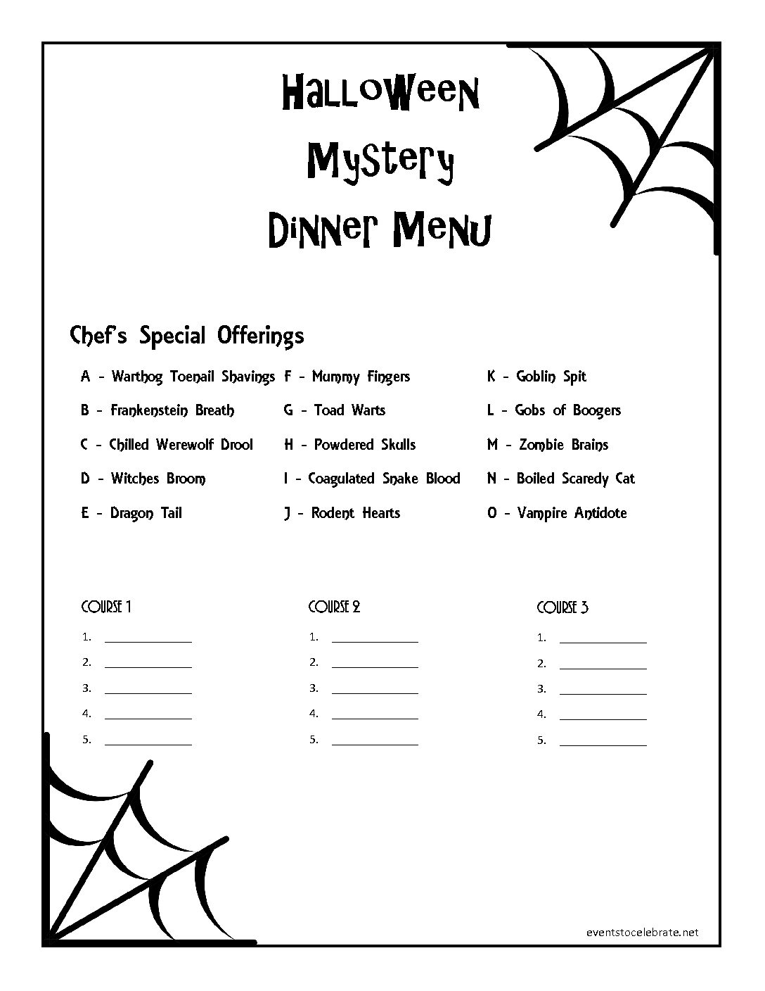 Halloween Mystery Dinner Menu