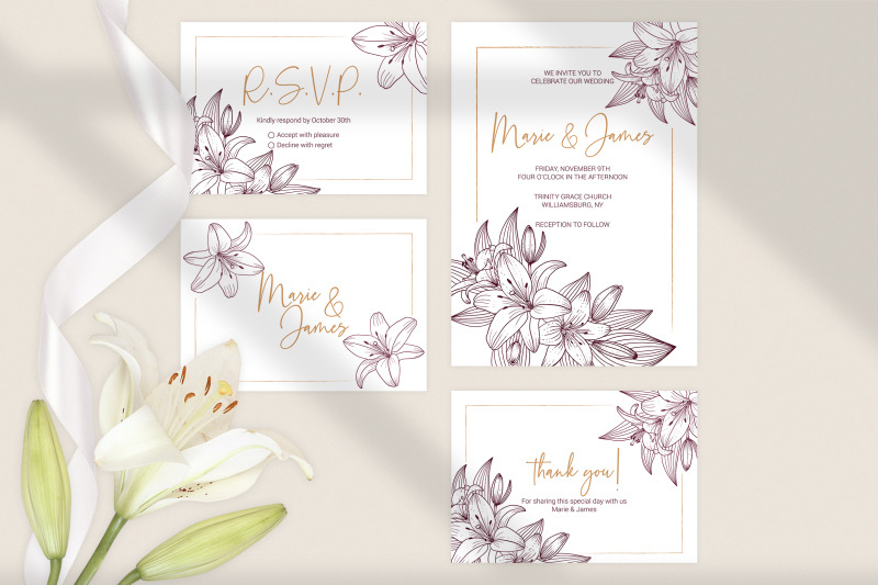 Lilies Wedding Invitation Template Floral Printable Cards By Paw Studio 